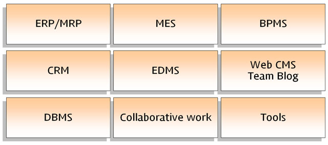 ERP/MRP, MES, BPMS, CRM, EDMS, Web CMS, Team Blog, DBMS, Collaborative work, Tools